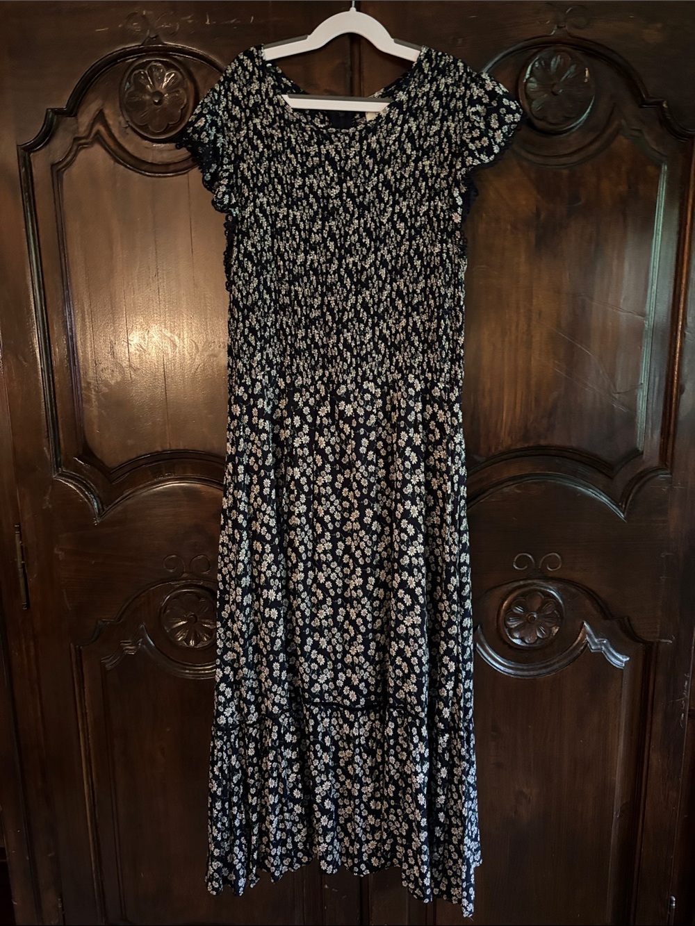Lost + Wander Navy Floral Smocked Maxi with Cream Blooms